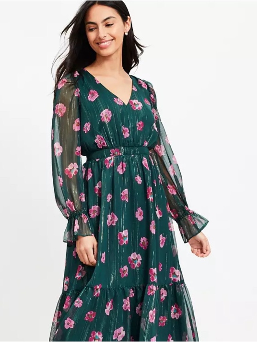LOFT Dark Green Floral V-Neck Long Sleeve Midi Dress